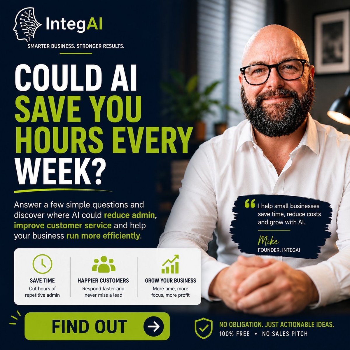 IntegAI marketing banner with bearded man in glasses promoting AI business solutions and time-saving benefits